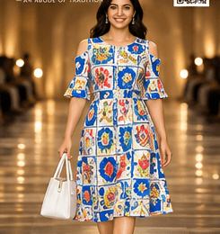 Indian model in a multicolour printed dress