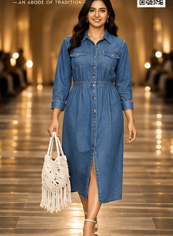 Indian model in a belted blue denim midi dress carrying a handcrafted bag