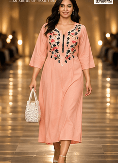Indian model in a peach embroidered dress