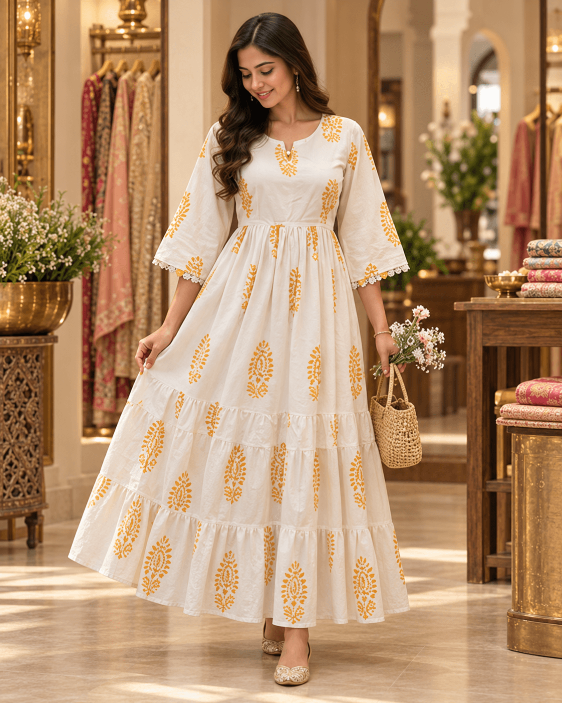Indian model in a white and gold block-print Indo-Western dress